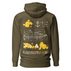 Unisex Cruise Ship Tender Hoodie by 7SHORT1LONG® in military green, featuring a comfortable cotton heritage pullover design.