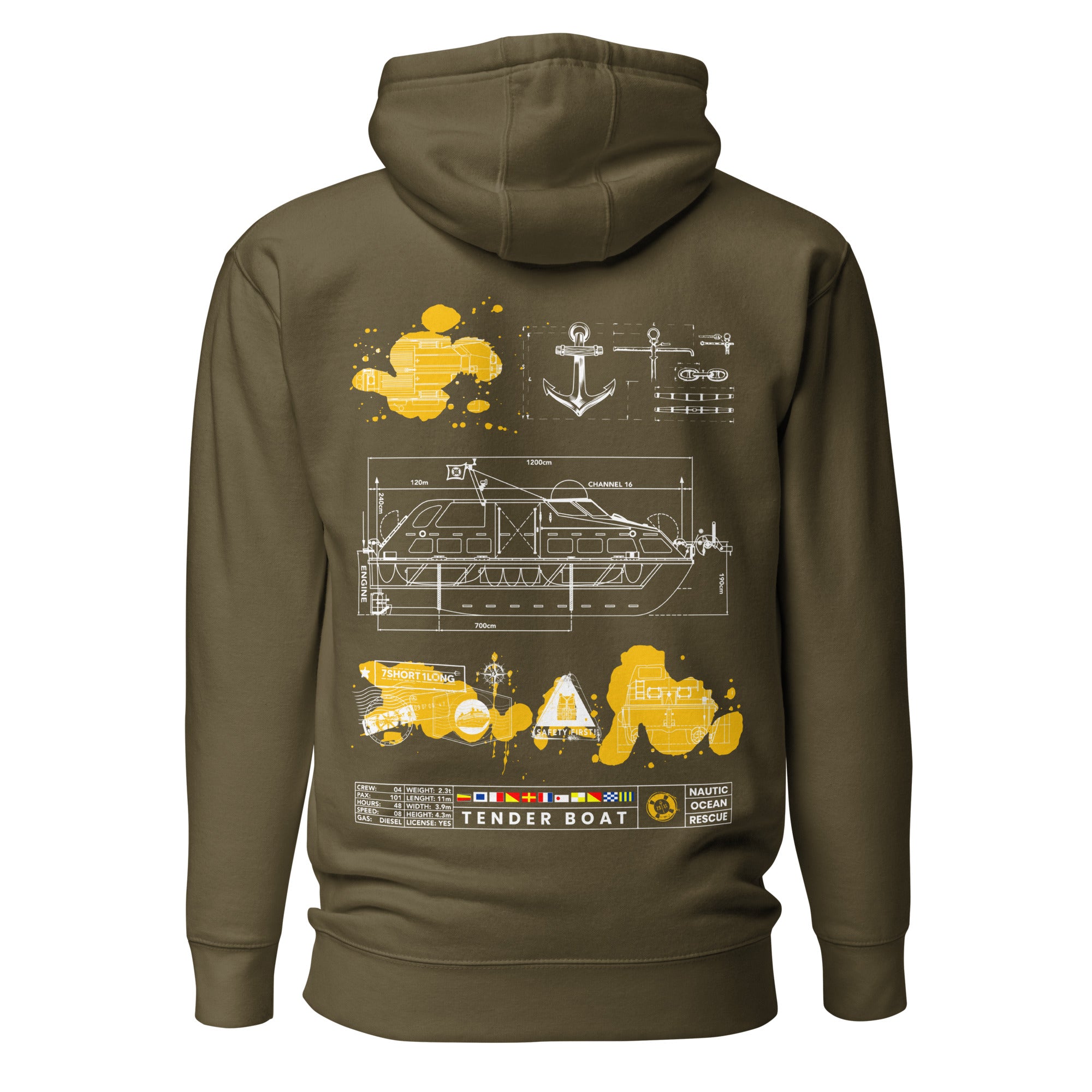 Unisex Cruise Ship Tender Hoodie by 7SHORT1LONG® in military green, featuring a comfortable cotton heritage pullover design.