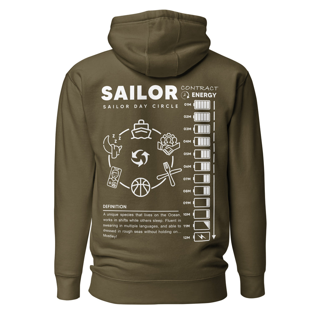 Unisex Seafarer Daily Life Hoodie by 7SHORT1LONG® in military green, cotton heritage fabric with back design.
