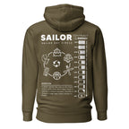 Unisex Seafarer Daily Life Hoodie by 7SHORT1LONG® in military green, cotton heritage fabric with back design.