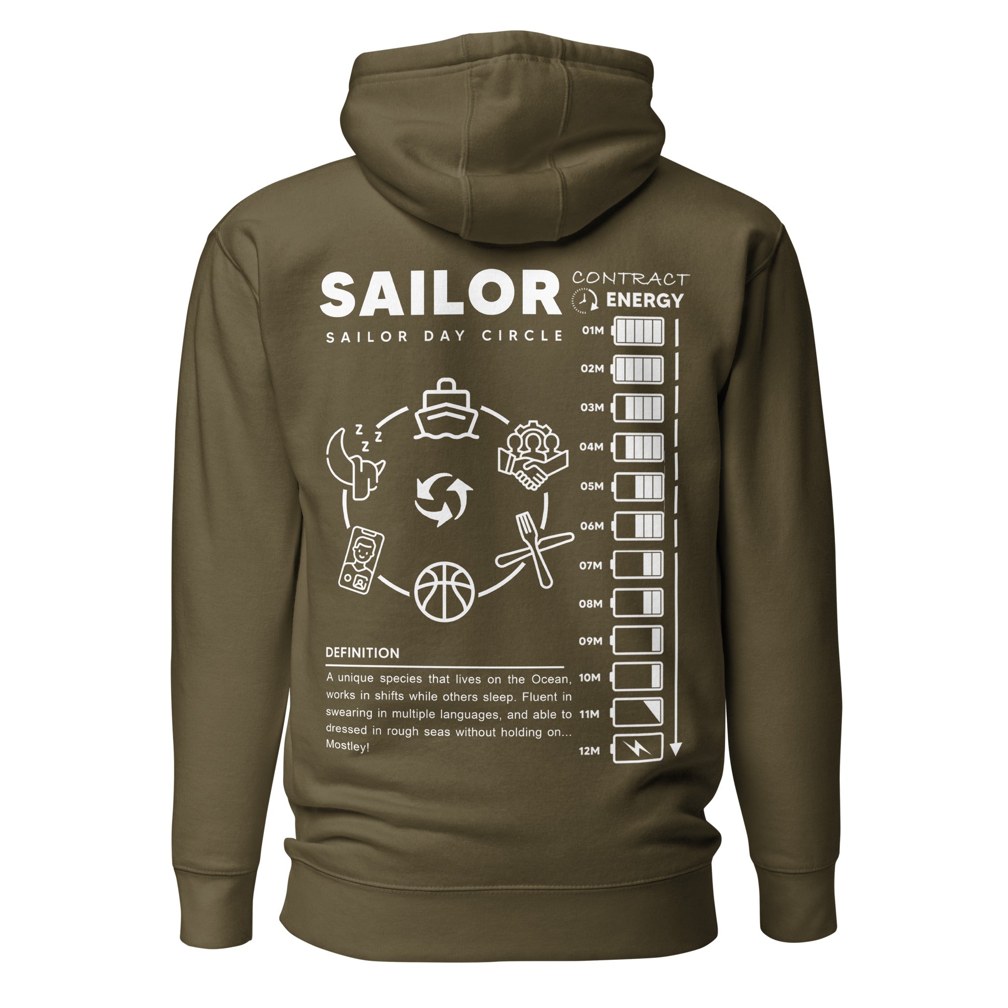 Unisex Seafarer Daily Life Hoodie by 7SHORT1LONG® in military green, cotton heritage fabric with back design.