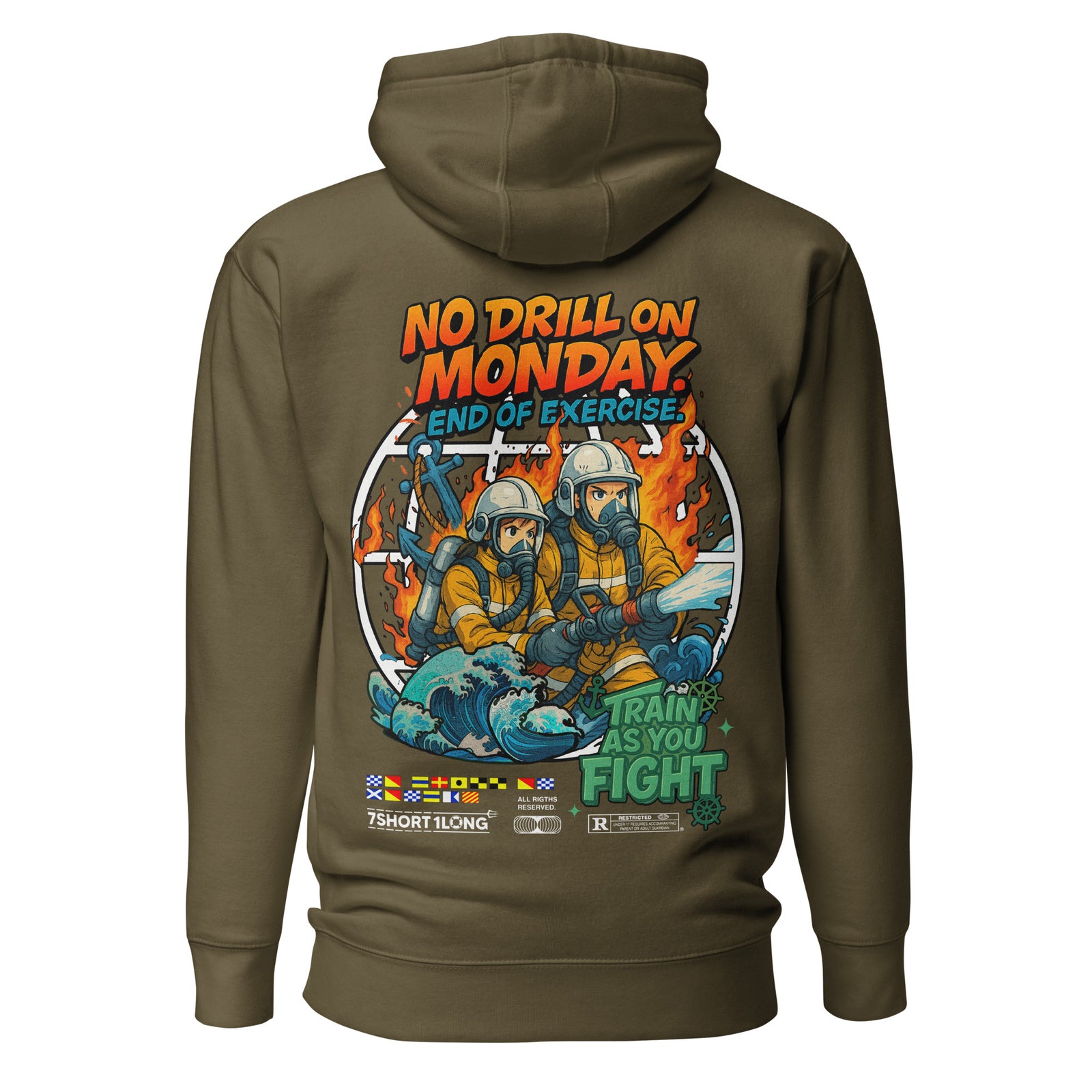 Unisex Seafarer Fire Drill Hoodie by 7SHORT1LONG® in military green, cotton heritage pullover with back design.