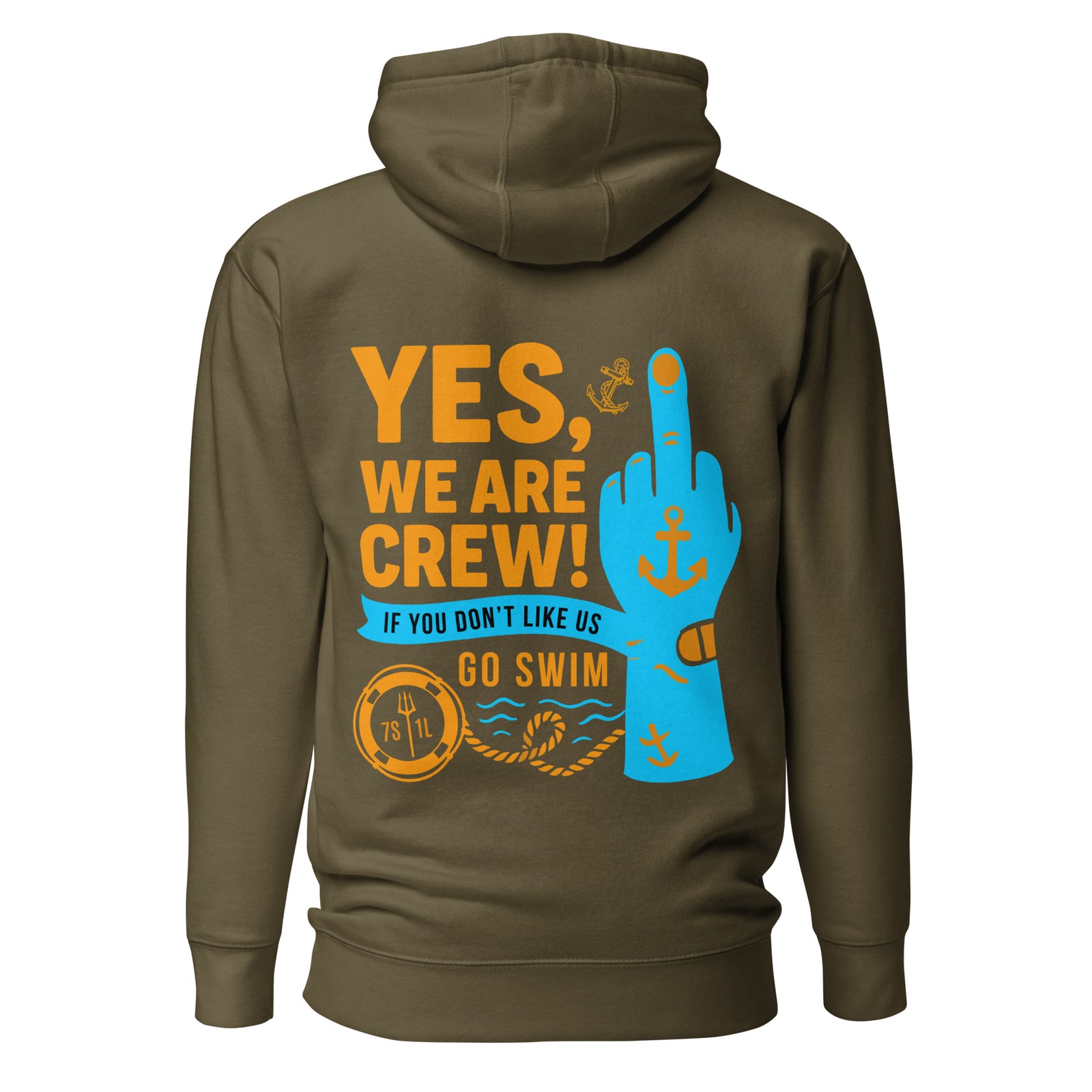 Unisex military green cotton hoodie with a bold middle finger design and crew neckline by 7SHORT1LONG®.