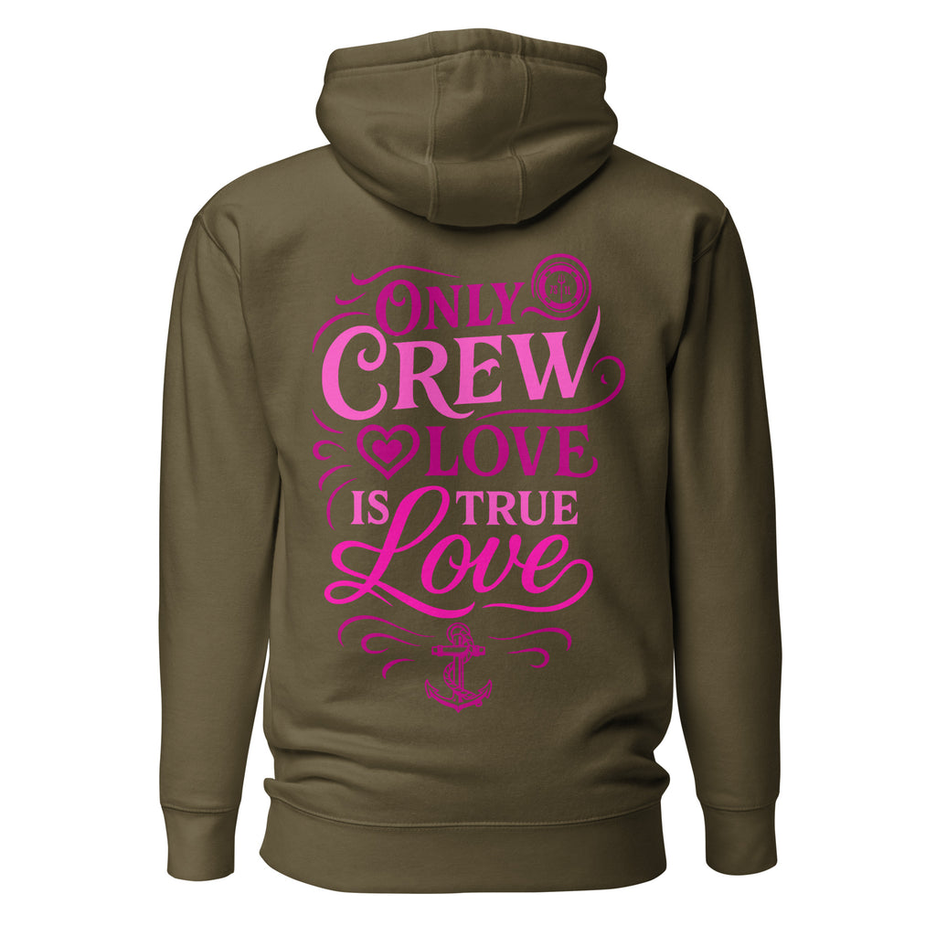 Unisex military green Calligraphy Crew Love Hoodie by 7SHORT1LONG® with printed calligraphy design on the back.