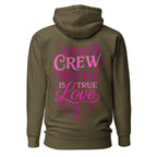 Unisex military green Calligraphy Crew Love Hoodie by 7SHORT1LONG® with printed calligraphy design on the back.