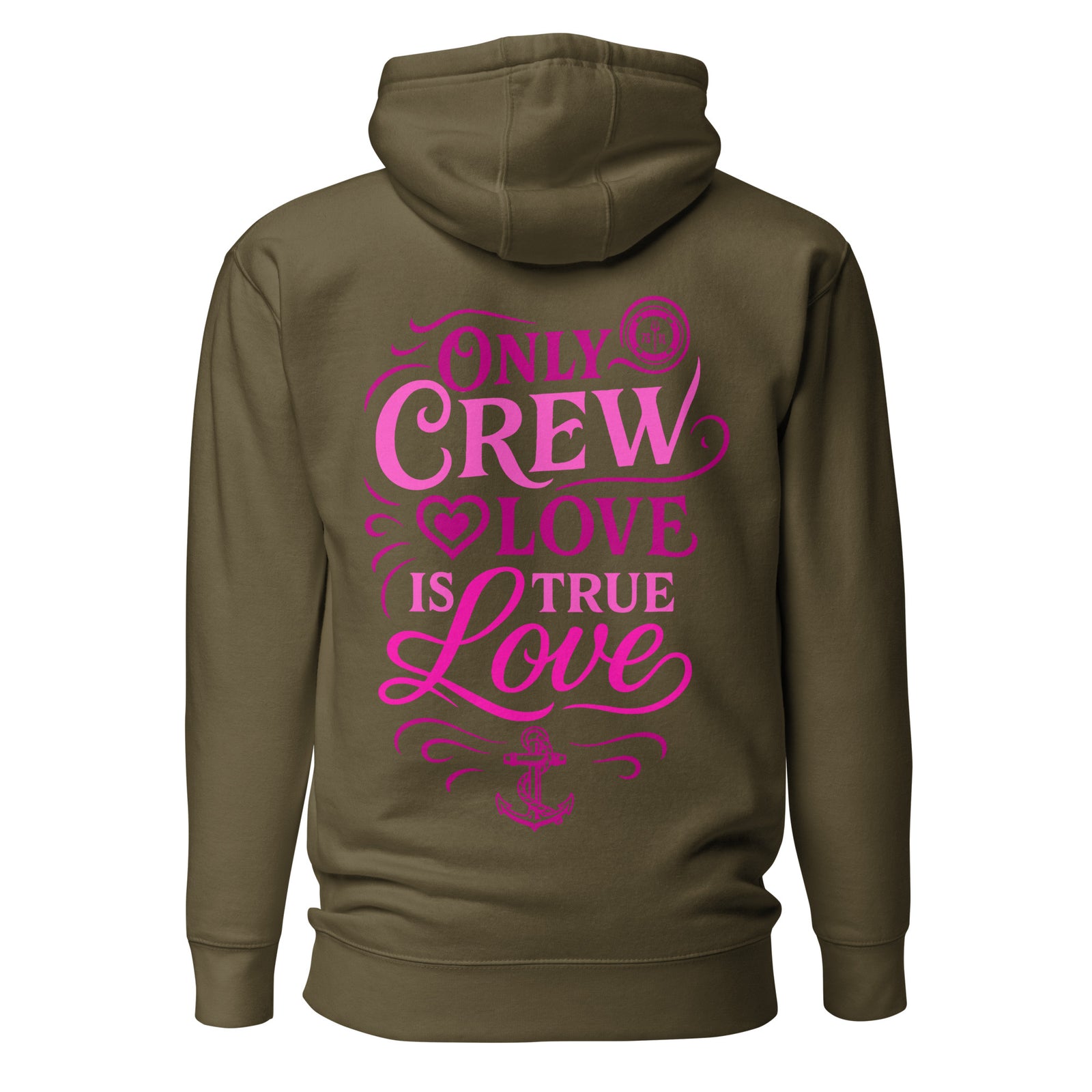 Unisex military green Calligraphy Crew Love Hoodie by 7SHORT1LONG® with printed calligraphy design on the back.