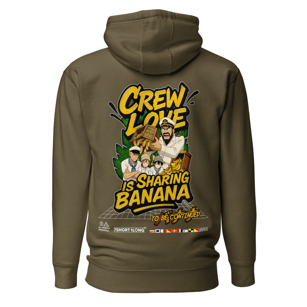Unisex Crew Humor Hoodie by 7SHORT1LONG® in military green, featuring a fun banana sharing graphic on the back.