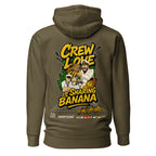Unisex Crew Humor Hoodie by 7SHORT1LONG® in military green, featuring a fun banana sharing graphic on the back.