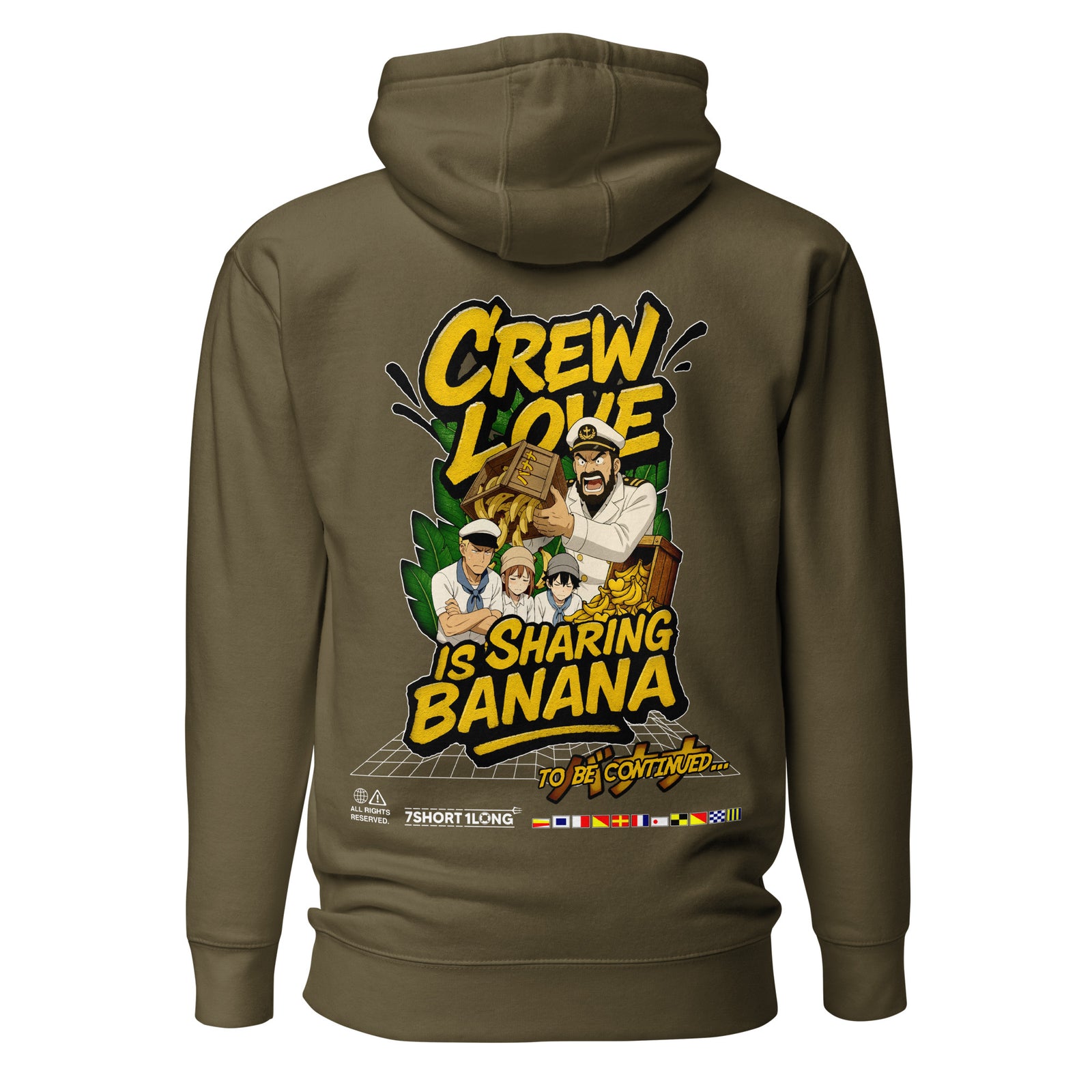 Unisex Crew Humor Hoodie by 7SHORT1LONG® in military green, featuring a fun banana sharing graphic on the back.
