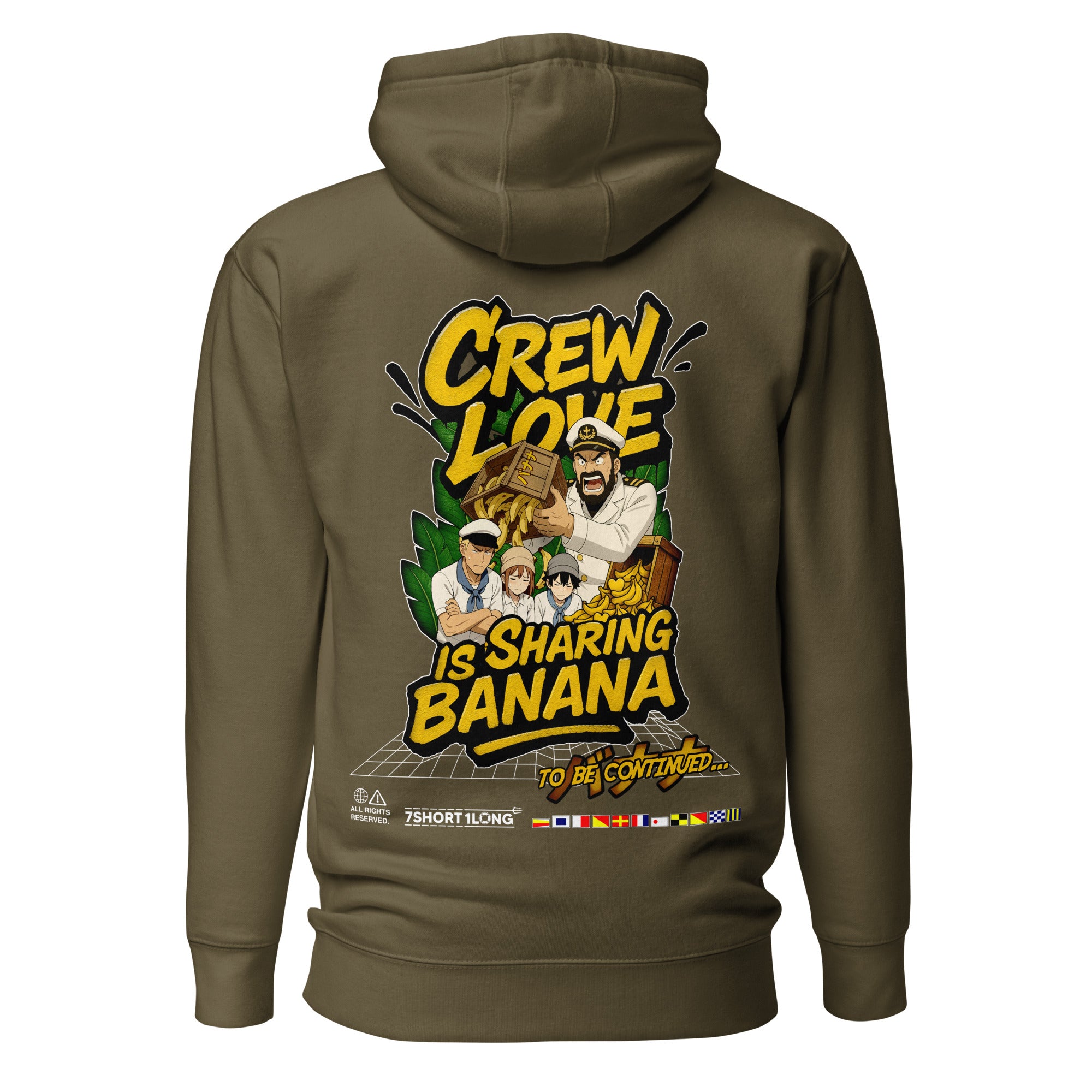 Unisex Crew Humor Hoodie by 7SHORT1LONG® in military green, featuring a fun banana sharing graphic on the back.