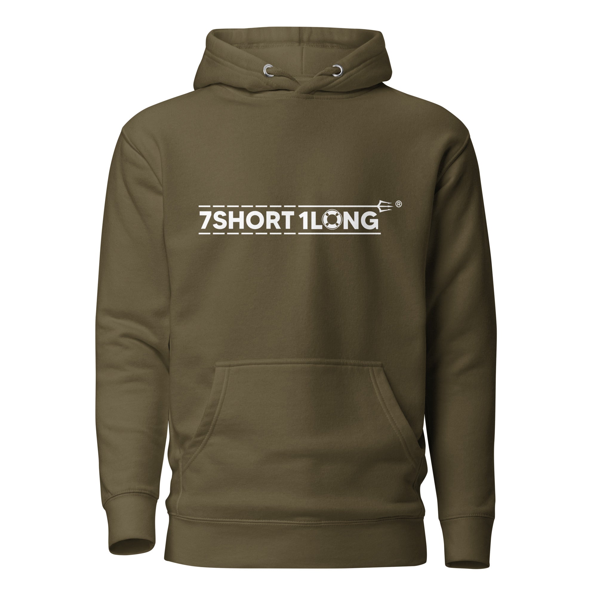 Unisex Fast Rescue Boat Hoodie by 7SHORT1LONG® in military green, made of cotton heritage fabric with front design.