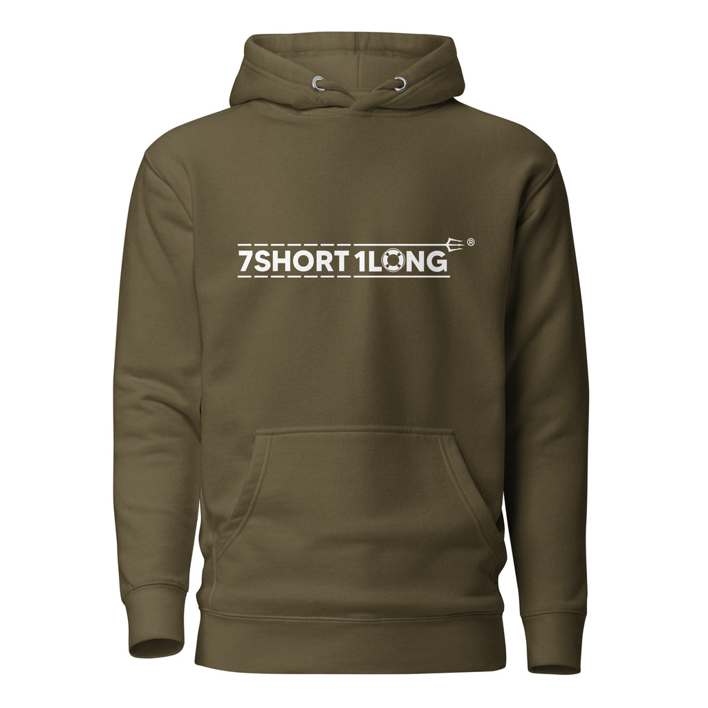 Unisex cotton heritage Maritime Safety Drill Hoodie in military green by 7SHORT1LONG®, featuring a front design and comfortable pullover style.