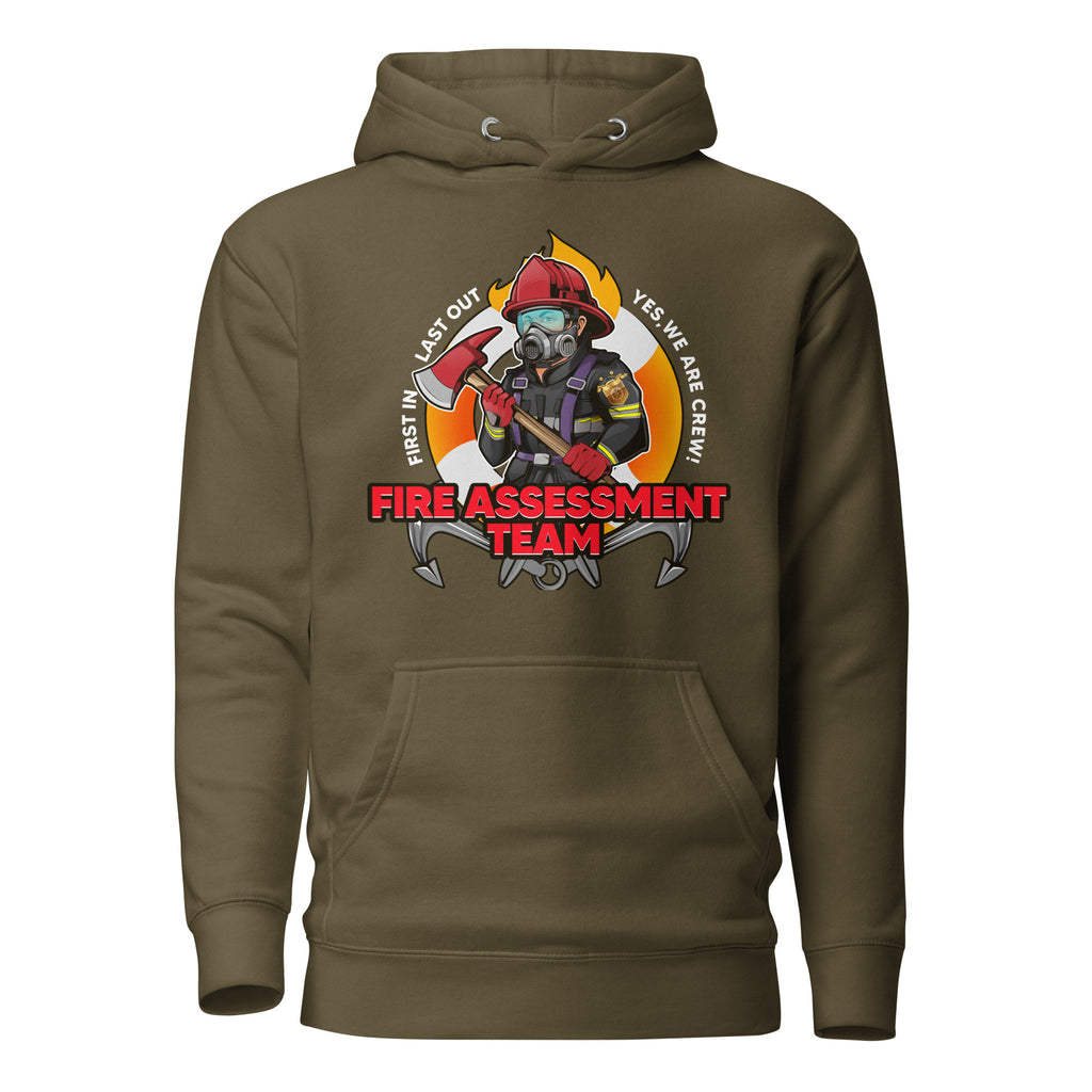 Unisex firefighting crew hoodie by 7SHORT1LONG® in military green, made of cotton heritage fabric with front design.
