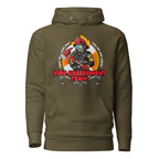 Unisex firefighting crew hoodie by 7SHORT1LONG® in military green, made of cotton heritage fabric with front design.