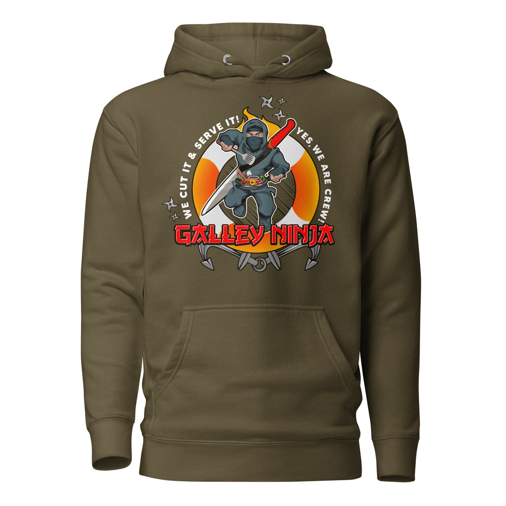 Unisex military green hoodie from 7SHORT1LONG® Galley Department Crew, made of premium cotton heritage fabric, front view.