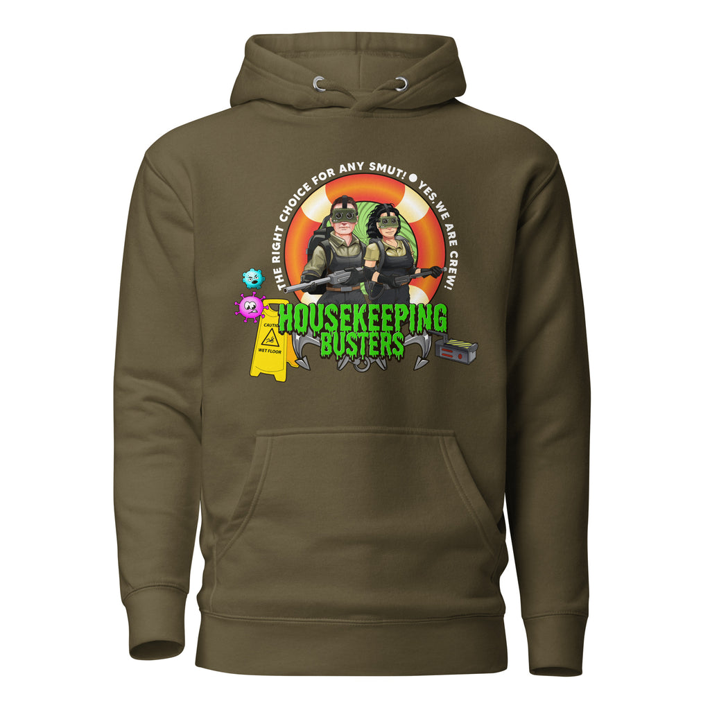 Unisex military green Buster Hoodie by 7SHORT1LONG® featuring a cotton heritage fabric and front design for housekeeping staff.
