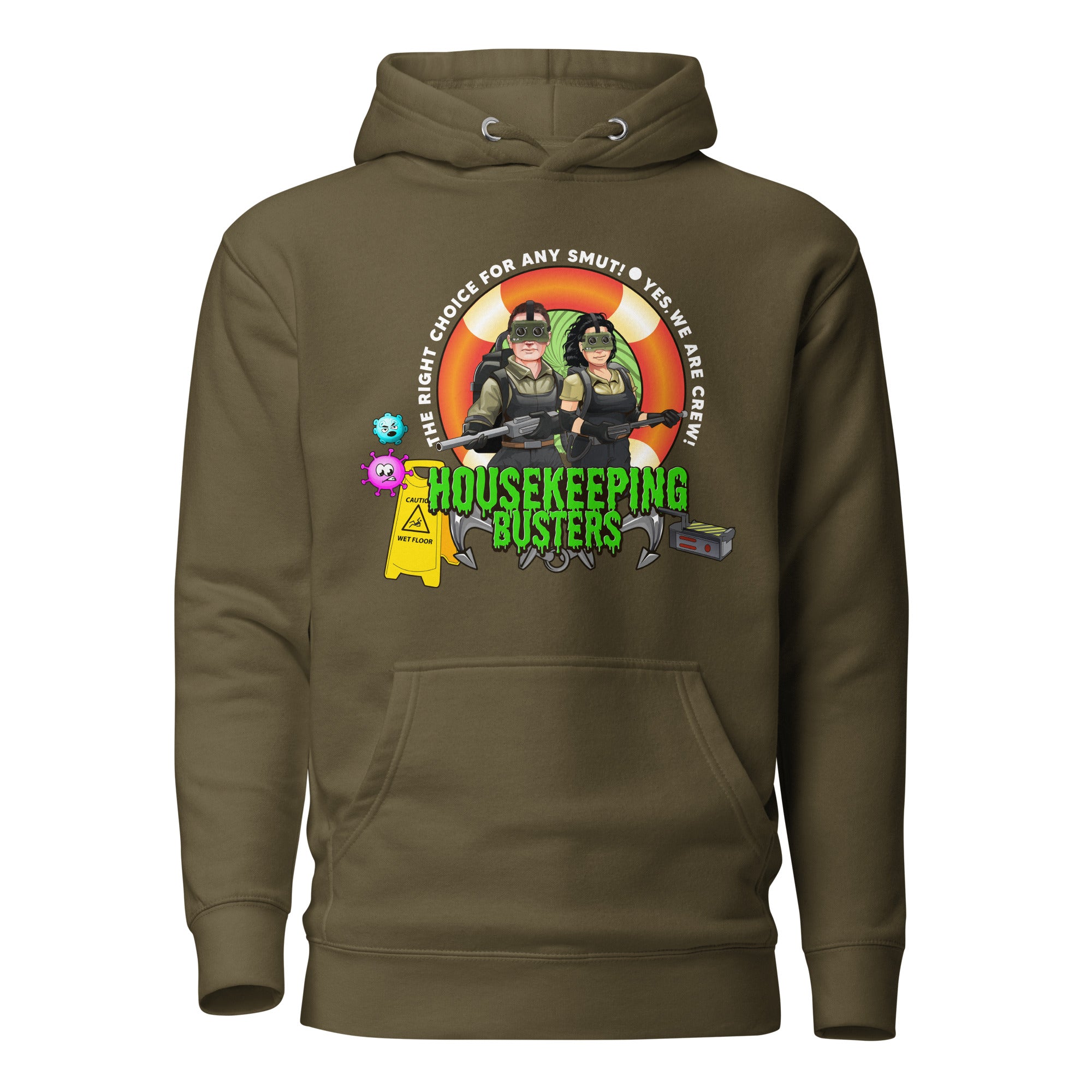 Unisex military green Buster Hoodie by 7SHORT1LONG® featuring a cotton heritage fabric and front design for housekeeping staff.