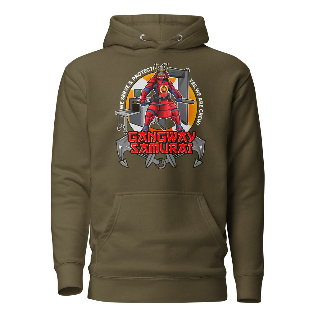 Unisex military green hoodie with Samurai Ship Security design, made by 7SHORT1LONG® in cotton-heritage fabric.
