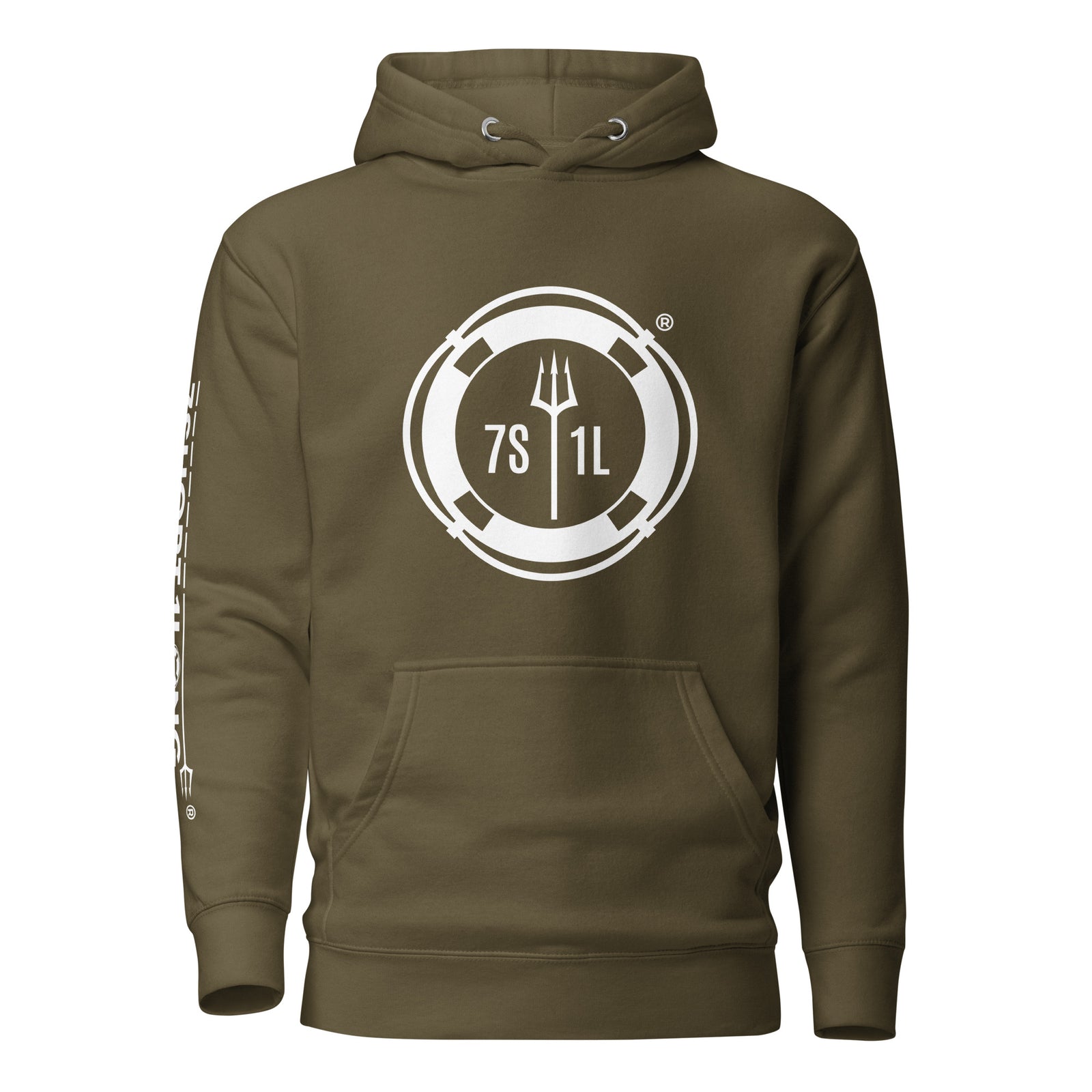 Unisex military green crew hoodie by 7SHORT1LONG® with front design, made of premium cotton heritage fabric.