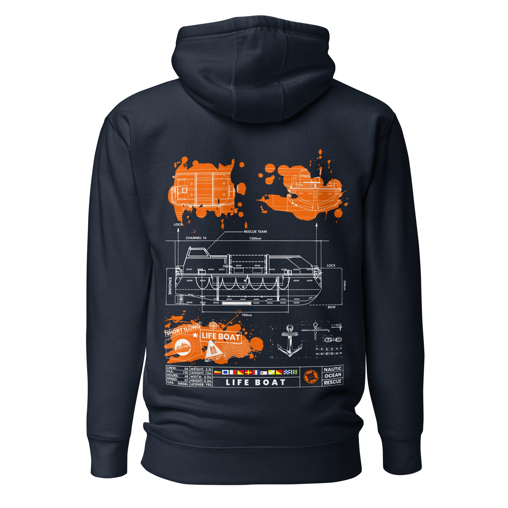 Crew hoodie inspired by lifeboat operations and SOLAS safety regulations, representing abandon ship procedures and maritime survival readiness.