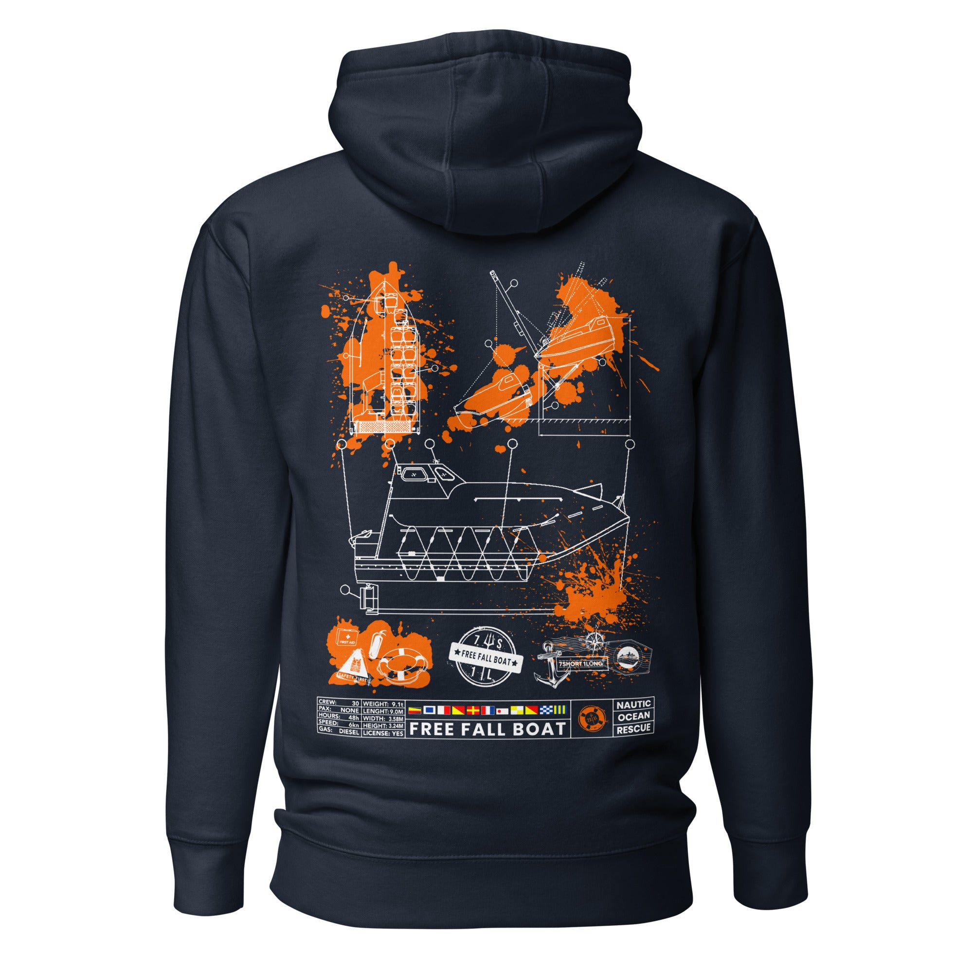 Crew hoodie inspired by free-fall lifeboat operations and SOLAS safety regulations, representing emergency evacuation and safety at sea. Main image