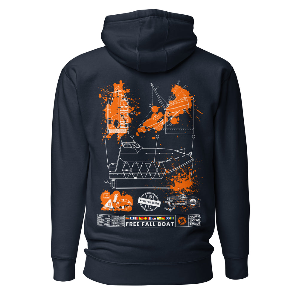Crew hoodie inspired by free-fall lifeboat operations and SOLAS safety regulations, representing emergency evacuation and safety at sea.