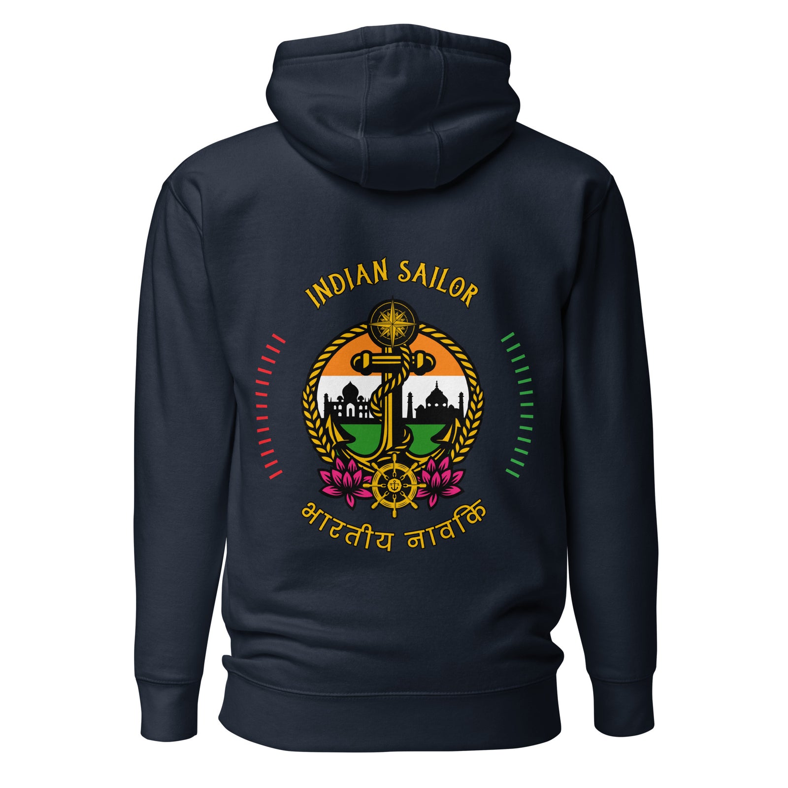 Unisex navy blazer cotton hoodie by 7SHORT1LONG® with sailor-inspired design and front pouch pocket.