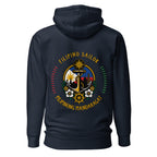Unisex Filipino Sailor Hoodie by 7SHORT1LONG® in navy blazer cotton fabric with back design.
