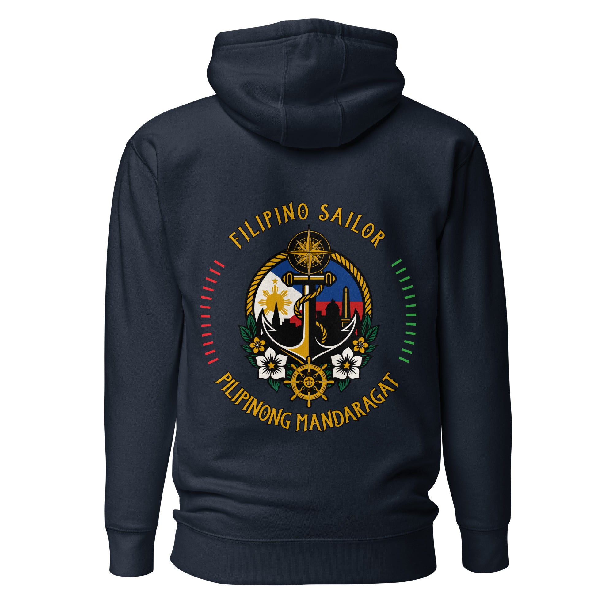Unisex Filipino Sailor Hoodie by 7SHORT1LONG® in navy blazer cotton fabric with back design.