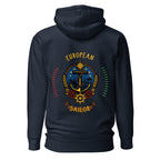 Unisex European Sailor Hoodie by 7SHORT1LONG® in navy blazer cotton with back design and premium pullover style.