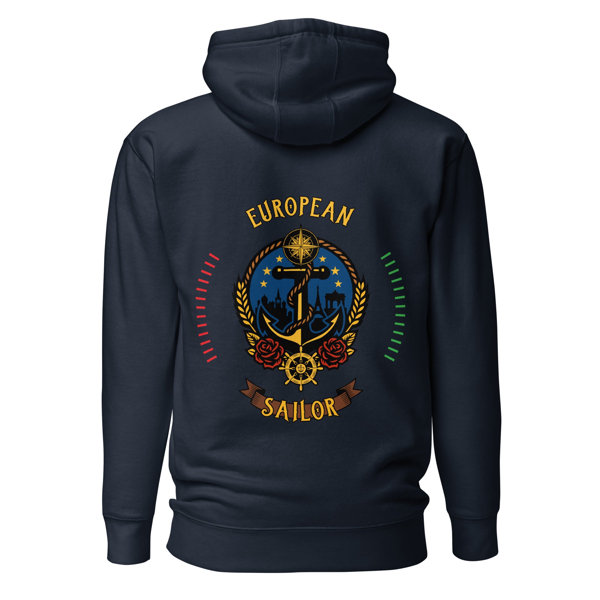 Unisex European Sailor Hoodie by 7SHORT1LONG® in navy blazer cotton with back design and premium pullover style.