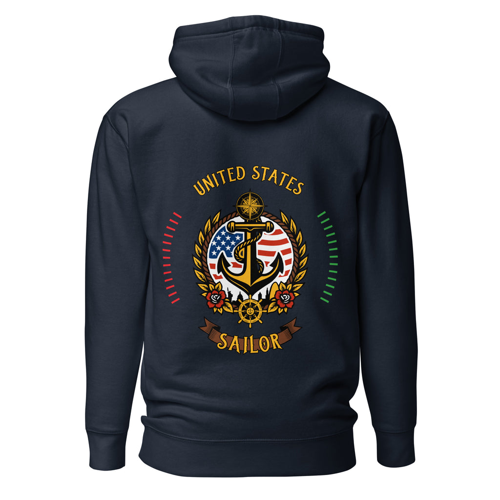 navy seafarer hoodie with us sailor nautical anchor compass emblem, maritime sailor apparel and ocean seaman lifestyle clothing