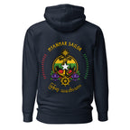 Unisex navy blazer cotton hoodie with Myanmar Sailor branding from 7SHORT1LONG®, featuring a back design and comfortable fit.