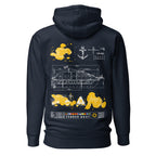Unisex navy blazer hoodie from 7SHORT1LONG® Cruise Ship Tender collection, featuring a comfortable cotton-heritage pullover design.