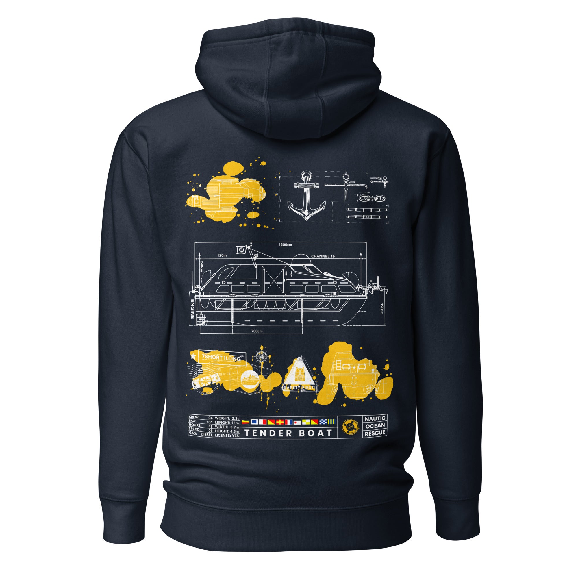 Unisex navy blazer hoodie from 7SHORT1LONG® Cruise Ship Tender collection, featuring a comfortable cotton-heritage pullover design.