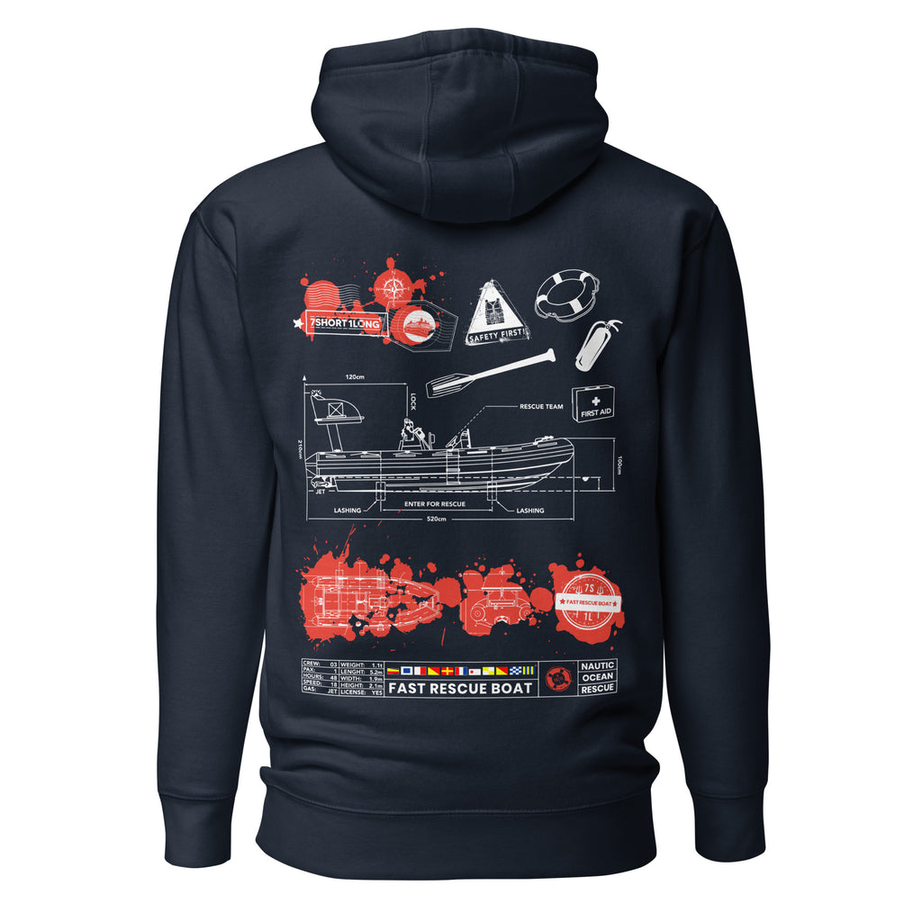 Unisex Navy Blazer cotton-heritage Fast Rescue Boat hoodie by 7SHORT1LONG®, front view with logo and drawstrings