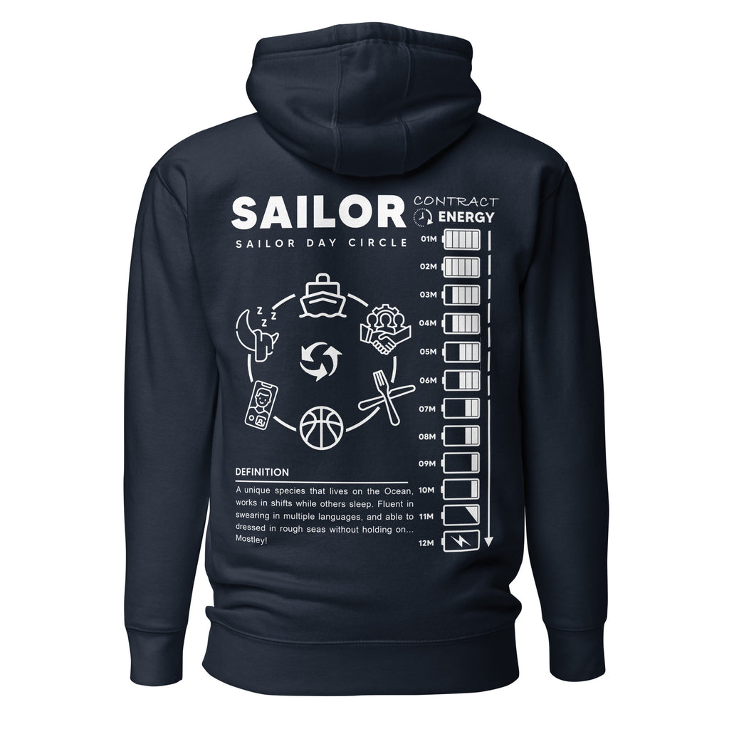 Unisex navy blazer cotton hoodie featuring Seafarer Daily Life design by 7SHORT1LONG® with a back graphic.