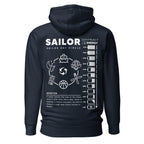 Unisex navy blazer cotton hoodie featuring Seafarer Daily Life design by 7SHORT1LONG® with a back graphic.