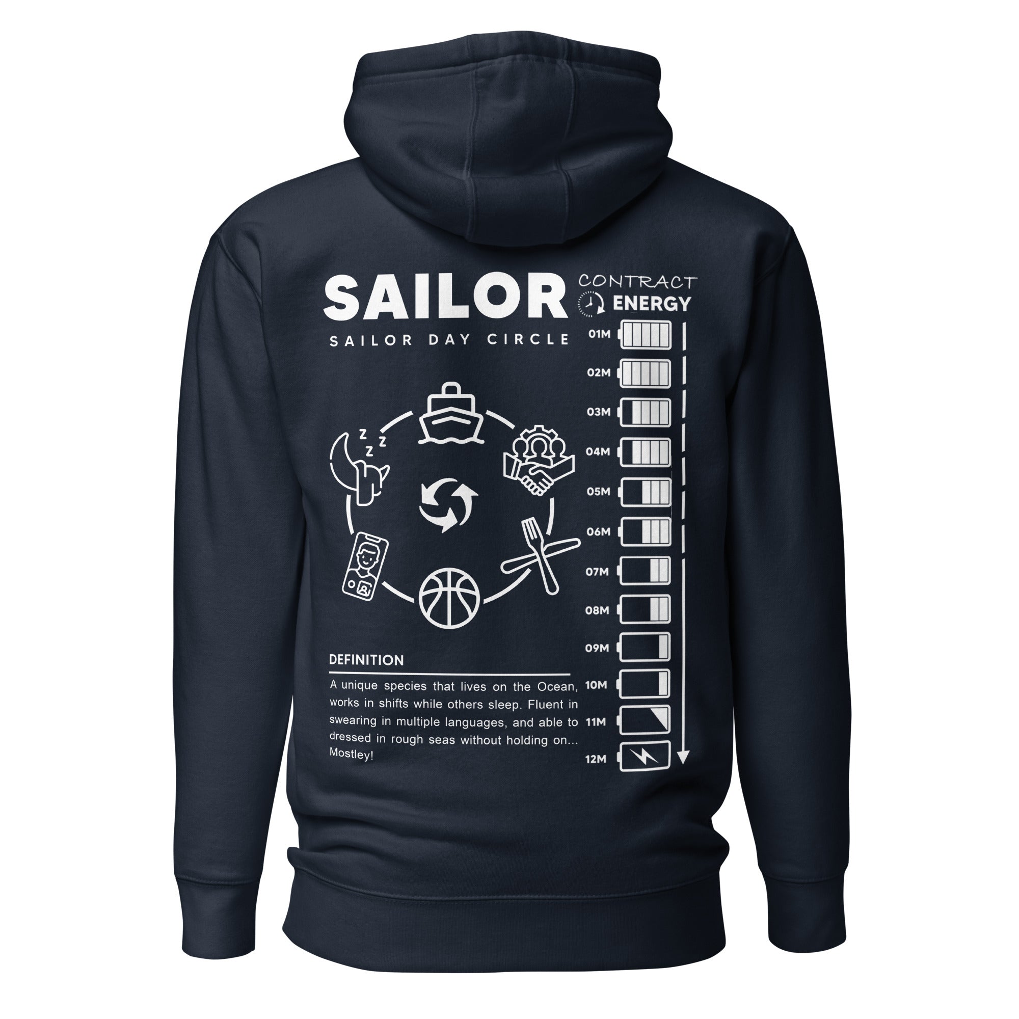 Unisex navy blazer cotton hoodie featuring Seafarer Daily Life design by 7SHORT1LONG® with a back graphic.