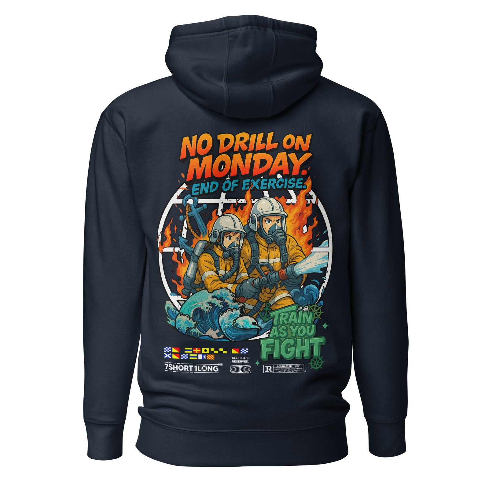 Unisex navy blazer Seafarer Fire Drill Hoodie by 7SHORT1LONG®, made of cotton heritage fabric, showing the back design.