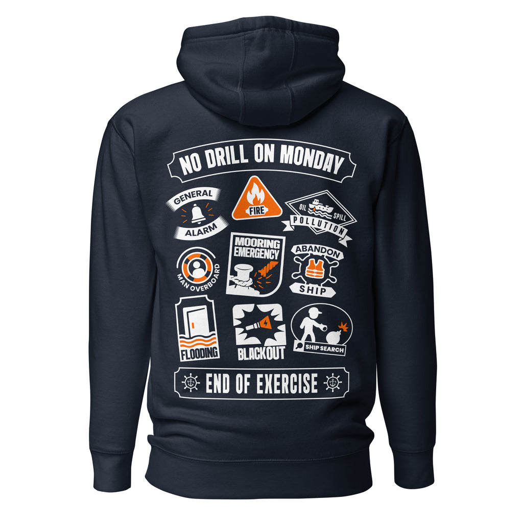 Unisex navy blazer Maritime Safety Drill Hoodie by 7SHORT1LONG® made of cotton, featuring a front and back design.