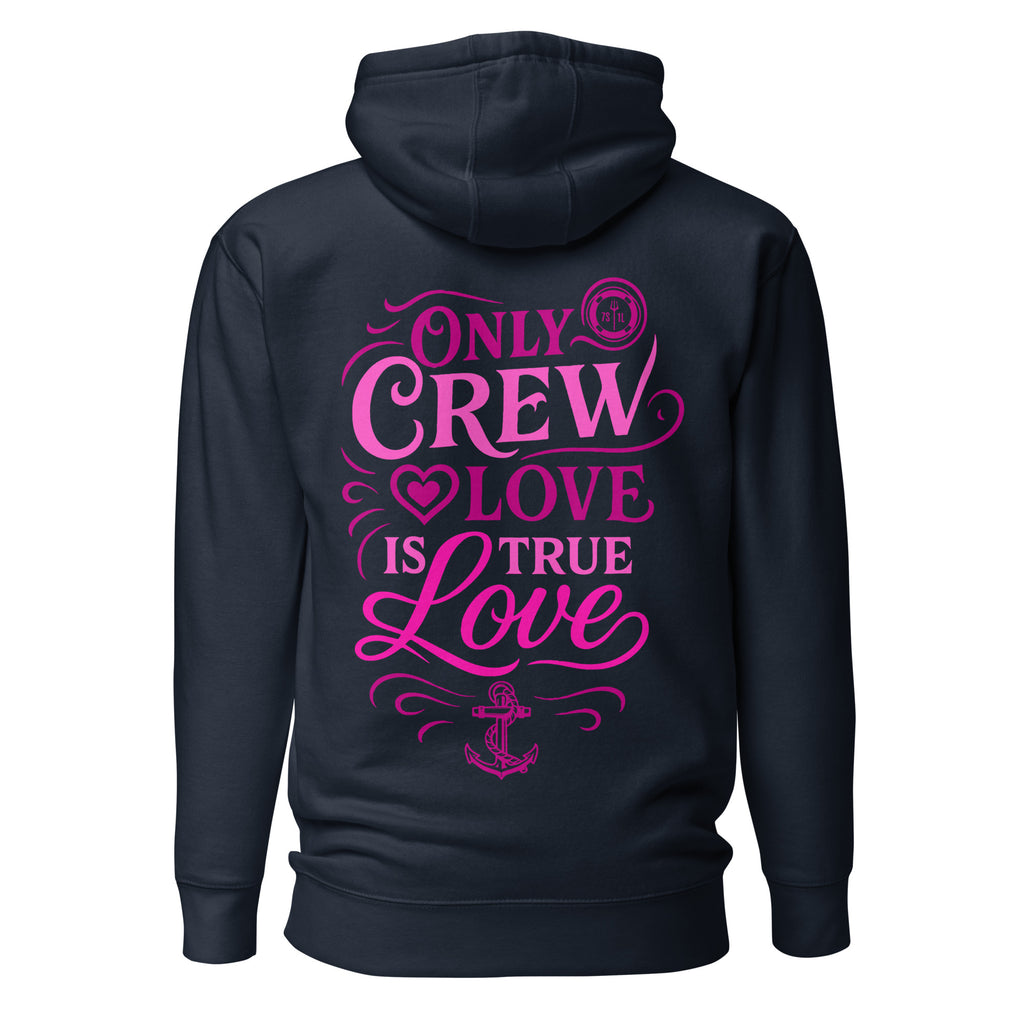 Unisex navy blazer hoodie with "Crew Love" calligraphy design on the back, made from premium cotton heritage fabric by 7SHORT1LONG®.