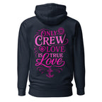 Unisex navy blazer hoodie with "Crew Love" calligraphy design on the back, made from premium cotton heritage fabric by 7SHORT1LONG®.