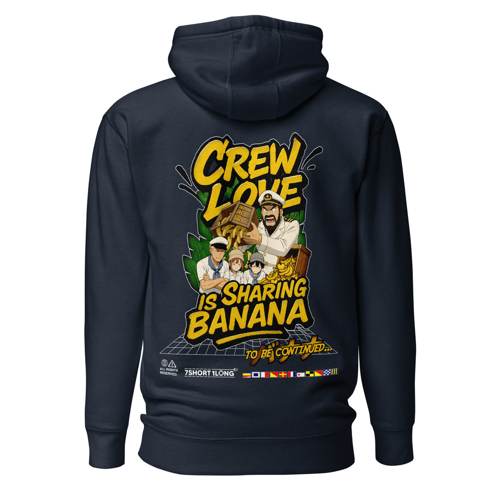 Unisex navy blazer crew humor hoodie by 7SHORT1LONG® featuring a playful banana sharing graphic on the back.