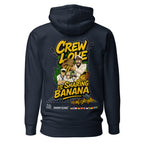Unisex navy blazer crew humor hoodie by 7SHORT1LONG® featuring a playful banana sharing graphic on the back.