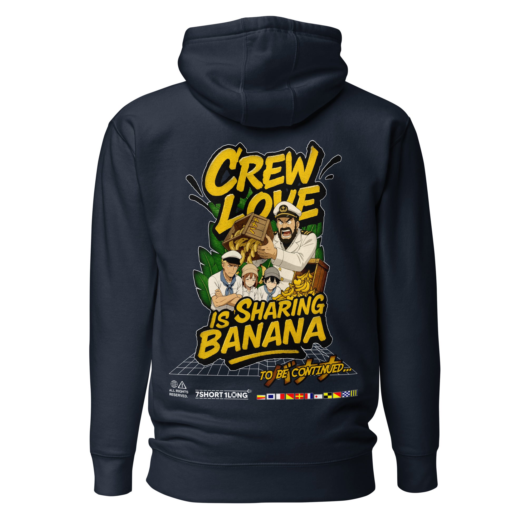 Unisex navy blazer crew humor hoodie by 7SHORT1LONG® featuring a playful banana sharing graphic on the back.