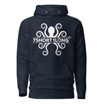 Navy hoodie featuring a white kraken symbol combined with the 7Short1Long logo, inspired by maritime mythology and modern seafarer identity.