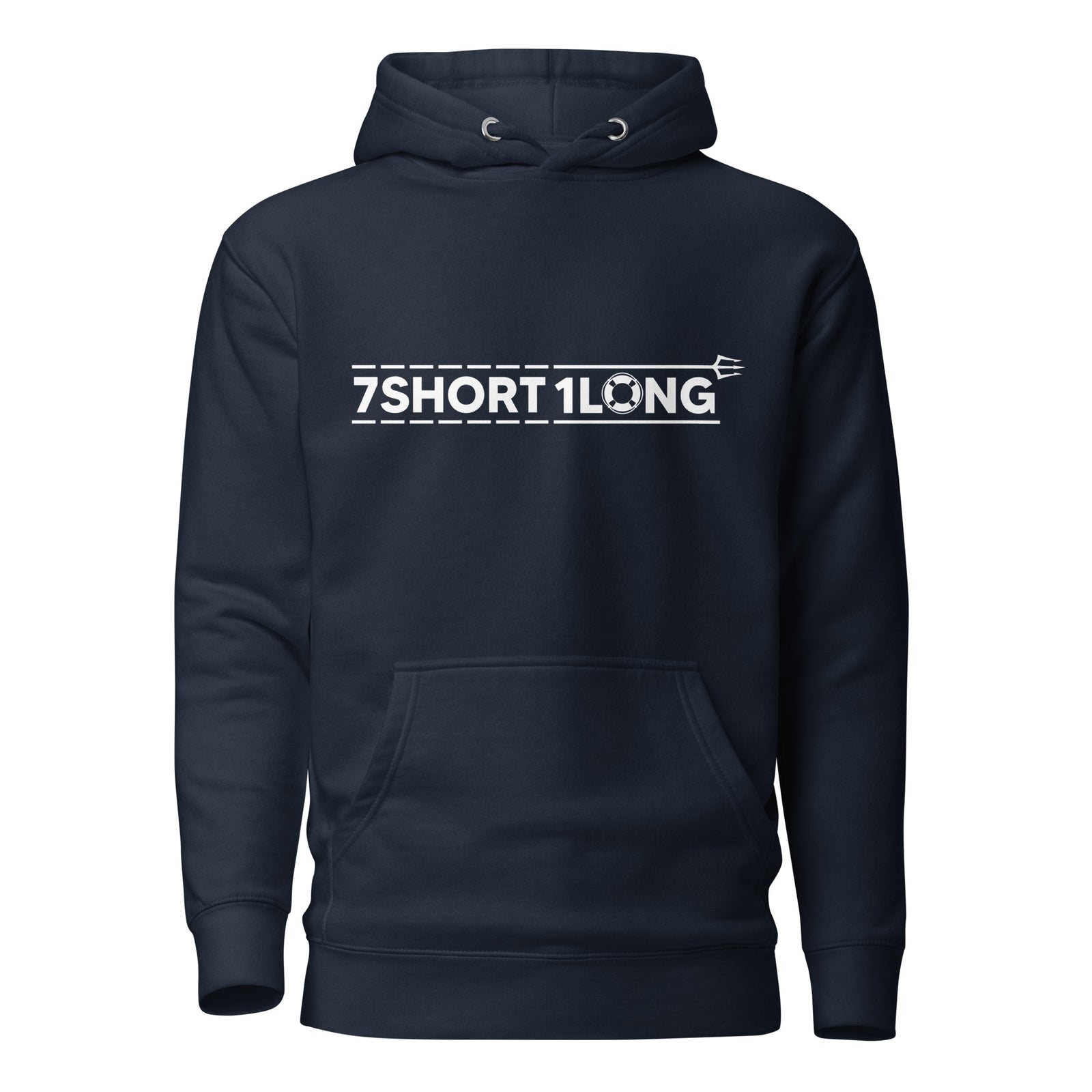 Unisex navy blazer hoodie from 7SHORT1LONG® featuring a cotton heritage design and front pocket, casual and comfortable.
