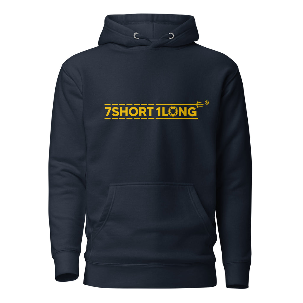Unisex navy blazer cotton hoodie by 7SHORT1LONG® with Indian sailor design, featuring a front pocket and adjustable drawstrings.