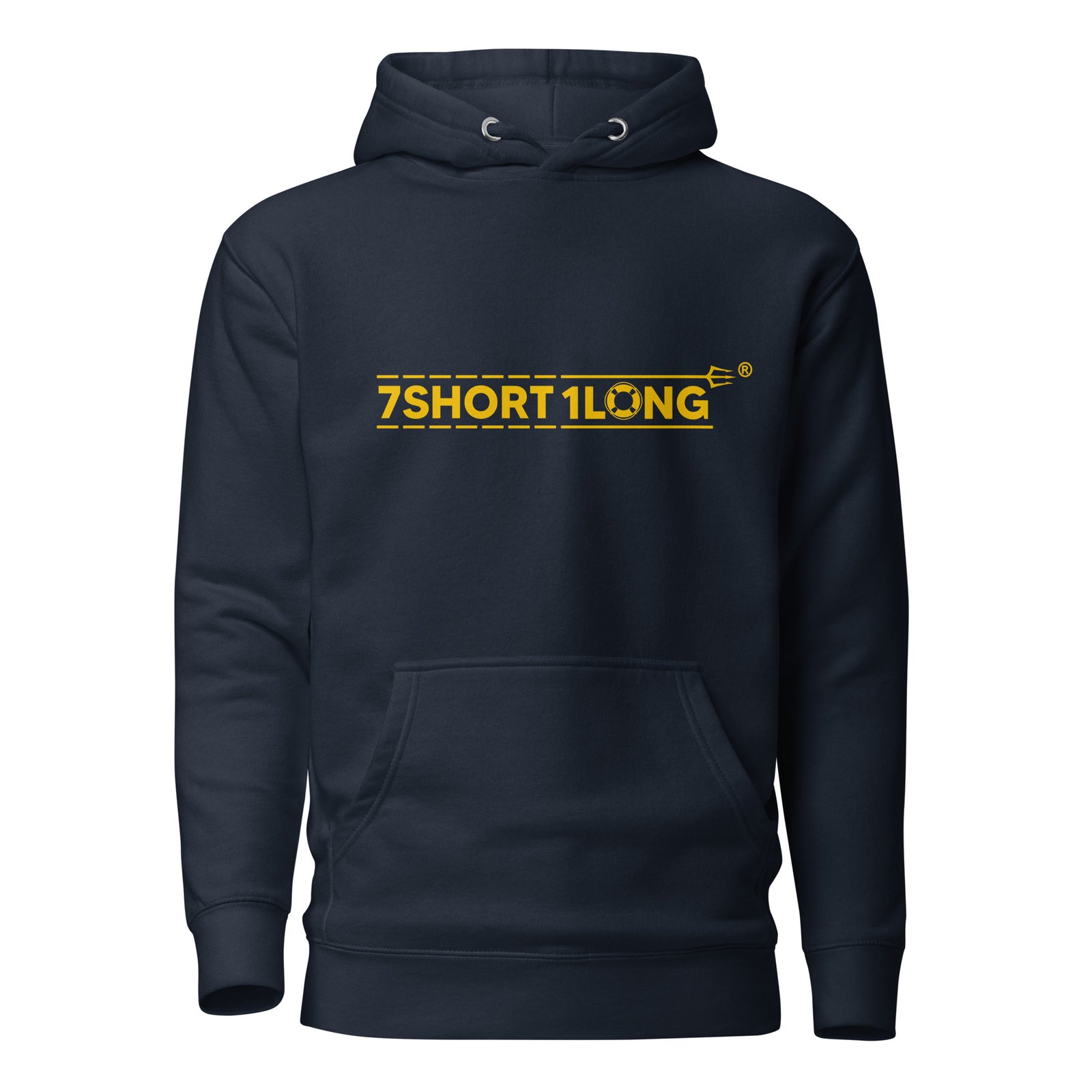Unisex navy blazer cotton hoodie by 7SHORT1LONG® with Indian sailor design, featuring a front pocket and adjustable drawstrings.
